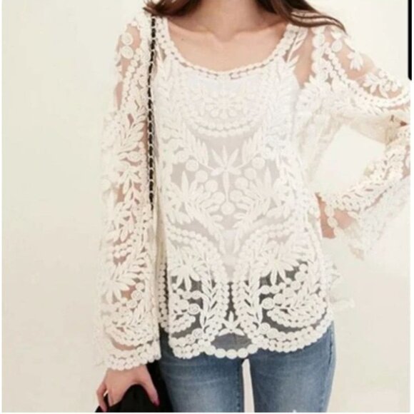 Banana USA Gold Lace Top Medium Sheer Crochet Boho Tunic Layer - Picture 2 of 8